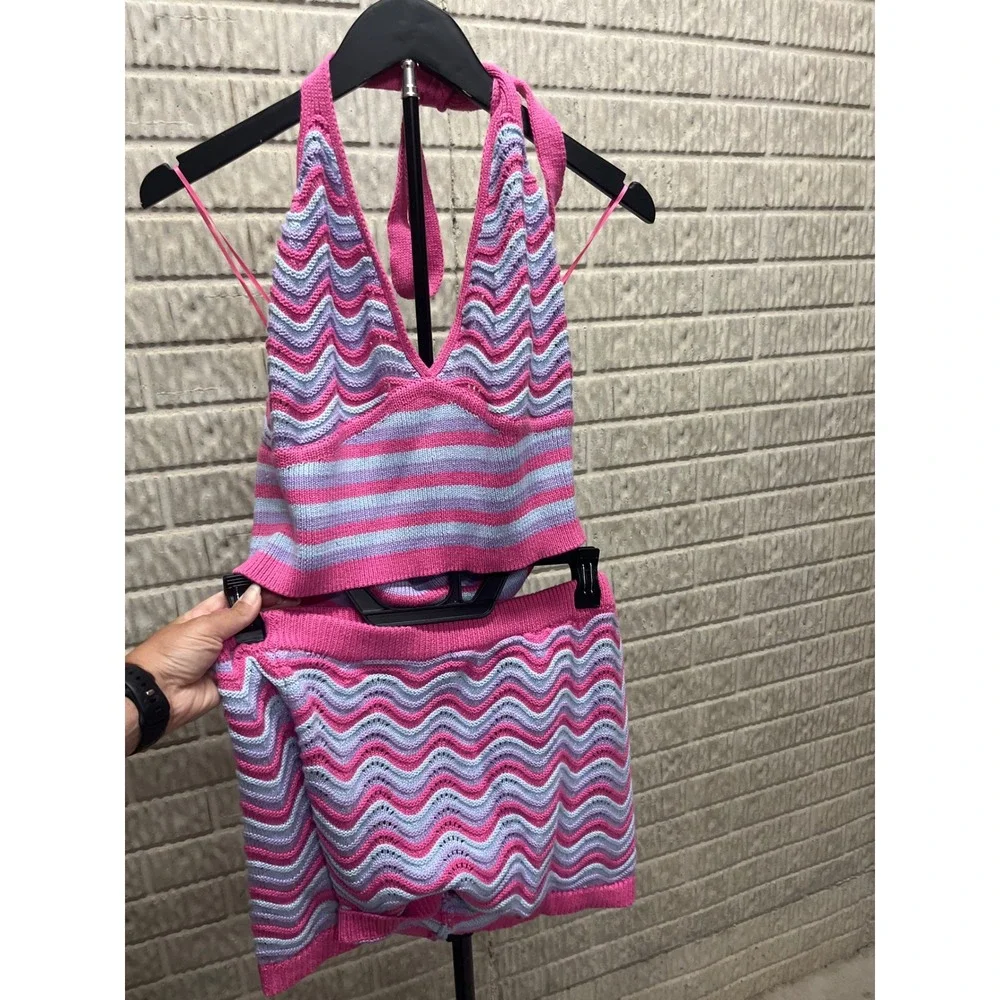 No Boundaries Crochet Halter Top and Mini Skirt Set Pink Purple XL 16-18 NWT